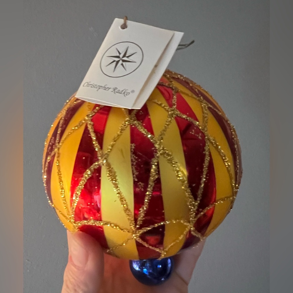 ✨Rare Vintage Christopher Radko CRIMSON STRIPES Ball Drop Ornament✨